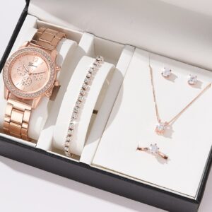 1pc Rhinestone Decor Quartz Watch & 5pcs Jewelry Set