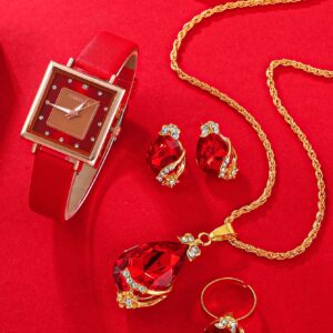 1pc Rhinestone Detail Square Dial Quartz Watch & 4pcs Jewelry Set