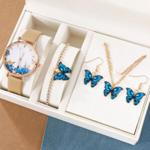 1pc Butterfly Print Dial Quartz Watch & 4pcs Jewelry Set