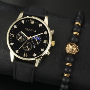 1pc Men Round Pointer Date Quartz Watch & 1pc Bracelet